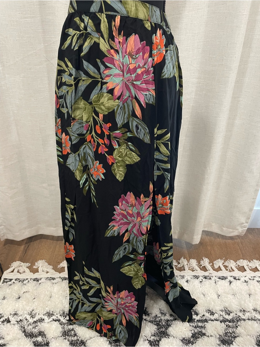 Black Floral Maxi Skirt with Pink & Green Blooms